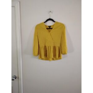 Ann Taylor Factory Mustard Yellow Peplum Wrap Blouse V-Neck Top Petite XSP